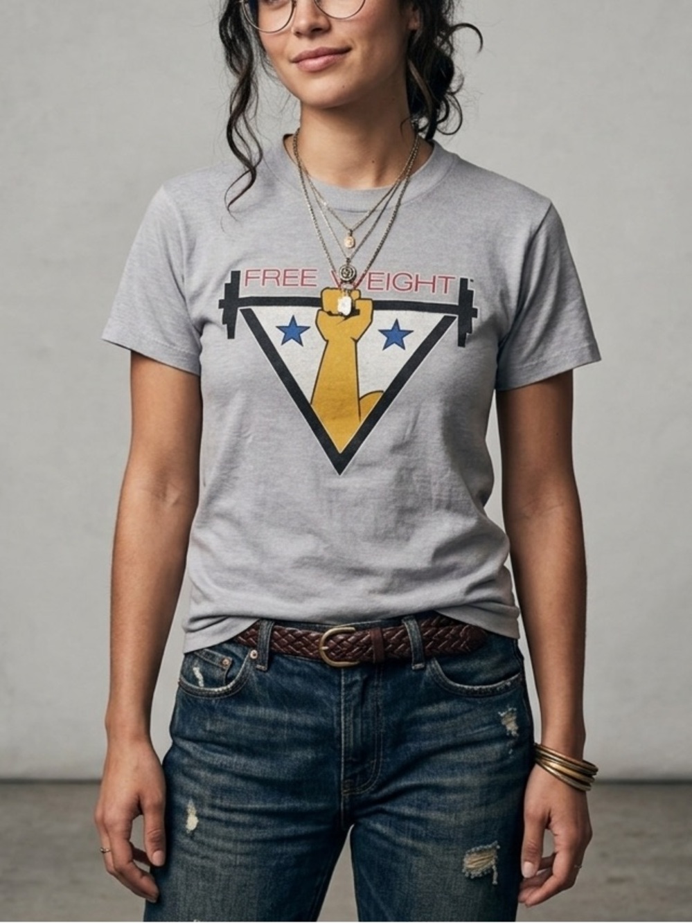 Vintage 1970s Free Weight Weightlifting Grey Graphic T-Shirt